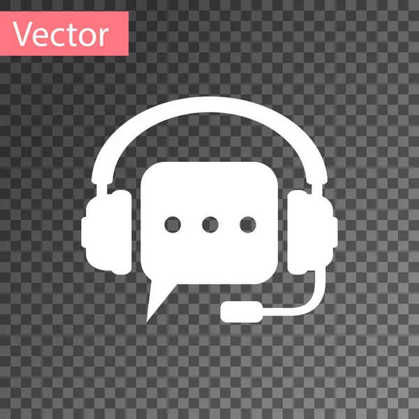 Auriculares blancos con icono de burbuja de voz sobre fondo transparente. Soporte de servicios al cliente, línea directa, centro de llamadas, pauta, preguntas frecuentes, mantenimiento, asistencia. Ilustración vectorial — Vector de stock