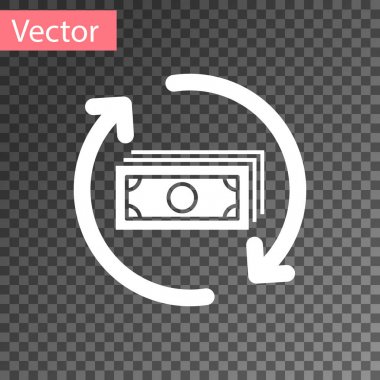 Beyaz geri ödeme para simgesi şeffaf arka planda izole. Finansal hizmetler, nakit geri kavramı, para iadesi, yatırım getirisi, tasarruf hesabı. Vektör Illustration