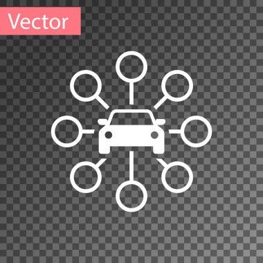 Beyaz araba paylaşım simgesi şeffaf arka planda yalıtılmış. Carsharing işareti. Taşımacılık kiralama hizmeti konsepti. Vektör Illustration