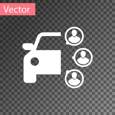 Beyaz araba, şeffaf arka planda izole insan grubu simgesi ile paylaşma. Carsharing işareti. Taşımacılık kiralama hizmeti konsepti. Vektör Illustration