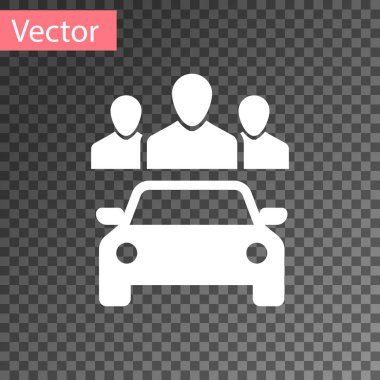 Beyaz araba, şeffaf arka planda izole insan grubu simgesi ile paylaşma. Carsharing işareti. Taşımacılık kiralama hizmeti konsepti. Vektör Illustration