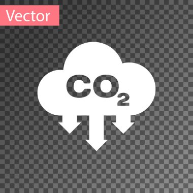 Şeffaf arka planda izole bulut simgesi beyaz CO2 emisyonları. Karbondioksit formülü sembolü, duman kirliliği kavramı, çevre konsepti. Vektör Illustration