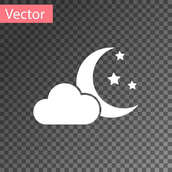 Το λευκό σύννεφο με το σύμβολο του φεγγαριού και των αστεριών απομονώνεται σε διαφανές φόντο. Συννεφιασμένη νυχτερινή πινακίδα. Το σύμβολο του ύπνου. Νύχτα ή κρεβάτι πινακίδα. Απεικόνιση διανυσματικών φορέων — Διανυσματικό Αρχείο