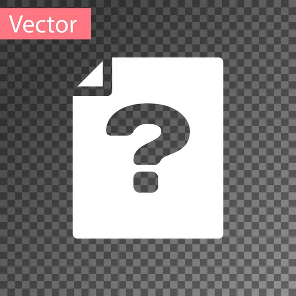 Weißes, unbekanntes Dokument-Symbol auf transparentem Hintergrund. Datei mit Fragezeichen. Halten Sie Bericht, Service und globales Suchzeichen. Vektorillustration — Stockvektor