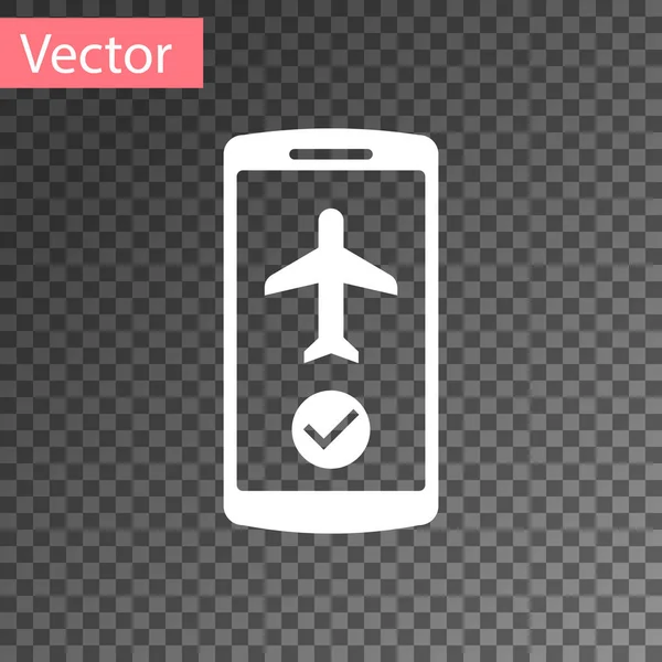 Modo de voo branco no ícone do telefone móvel isolado em fundo transparente. Avião ou avião voo off-line modo de regulação de passageiros companhia aérea. Ilustração vetorial — Vetor de Stock