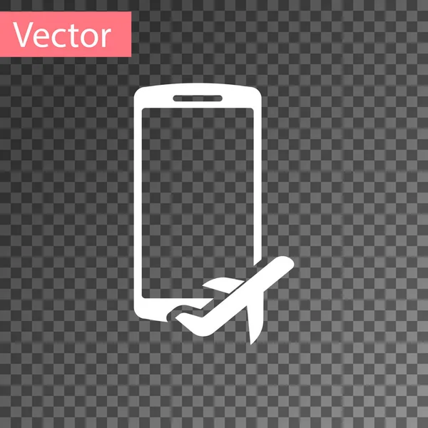 Modo de voo branco no ícone do telefone móvel isolado em fundo transparente. Avião ou avião voo off-line modo de regulação de passageiros companhia aérea. Ilustração vetorial — Vetor de Stock