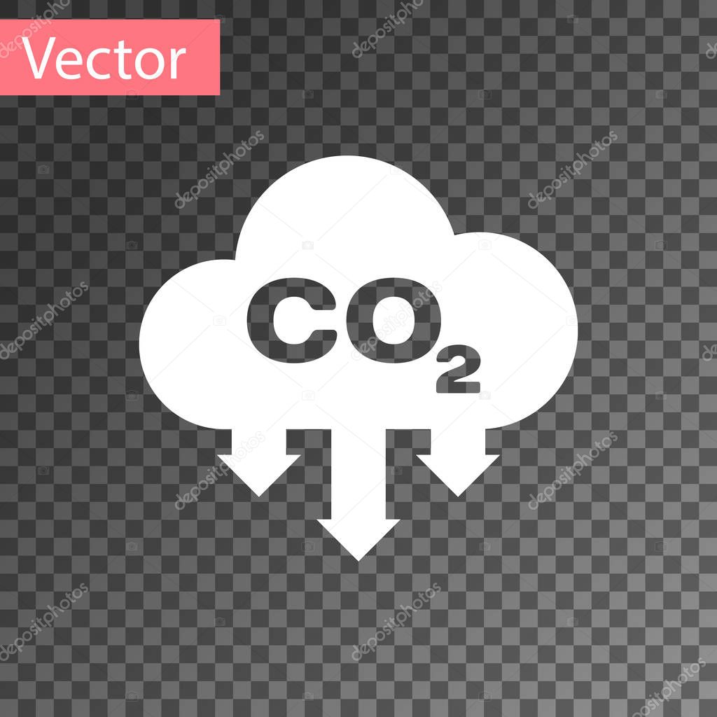 White CO2 emissions in cloud icon isolated on transparent background. Carbon dioxide formula symbol, smog pollution concept, environment concept. Vector Illustration