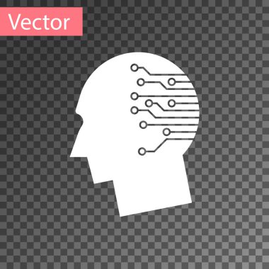Beyaz ınsan beyni olarak dijital devre kartı simgesi şeffaf arka planda izole edilmiştir. Yapay zeka. İnsan kafası anahat içinde devre hatları ile. Vektör Illustration