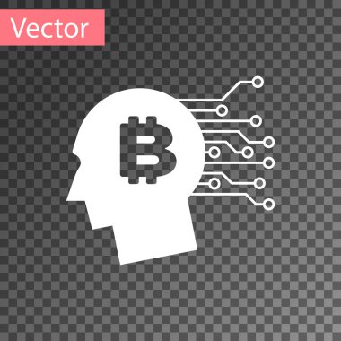 Beyaz Bitcoin şeffaf arka planda izole simgesi düşünüyorum. Cryptocurrency kafası. Blockchain teknolojisi, Bitcoin, dijital para piyasası, kripoin cüzdanı. Vektör Illustration