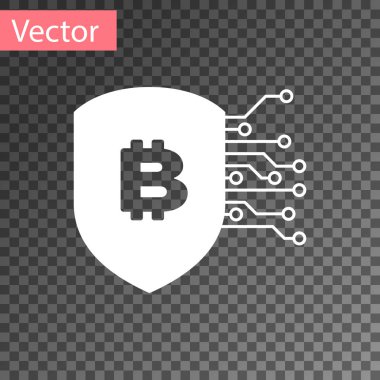 Beyaz kalkan Bitcoin simgesi şeffaf arka planda izole. Cryptocurrency madenciliği, Blockchain teknolojisi, Bitcoin, güvenlik, koruma, dijital para. Vektör Illustration