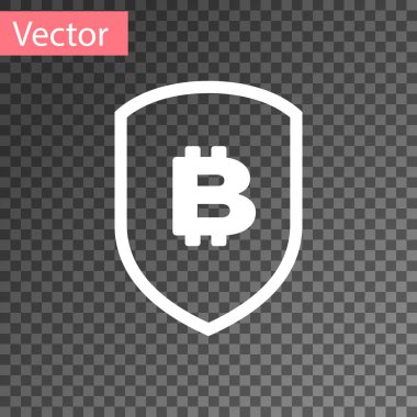 Beyaz kalkan Bitcoin simgesi şeffaf arka planda izole. Cryptocurrency madenciliği, Blockchain teknolojisi, Bitcoin, güvenlik, koruma, dijital para. Vektör Illustration