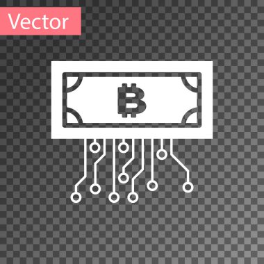 Beyaz cryptocurrency kavramı Bitcoin mikroçip devre simgesi ile daire şeffaf arka planda izole. Blockchain teknolojisi, dijital para piyasası. Vektör Illustration