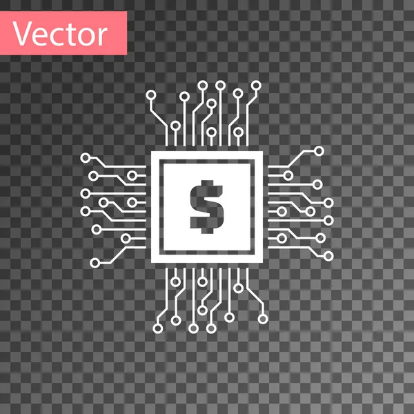 Weißer Prozessor-Chip mit Dollar-Symbol auf transparentem Hintergrund. CPU, Zentralverarbeitungseinheit, Mikrochip, Mikroschaltung, Computerprozessor, Chip. Vektorillustration — Stockvektor