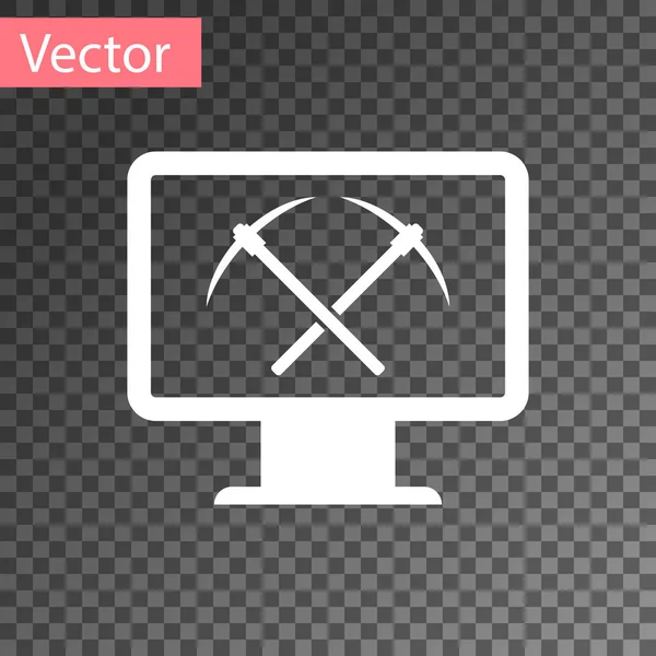 Conceito de mineração branca com ícone de monitor e picareta isolado em fundo transparente. Tecnologia Blockchain, mineração criptomoeda, mercado monetário digital. Ilustração vetorial — Vetor de Stock