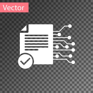 Beyaz akıllı sözleşme simgesi şeffaf arka planda yalıtılmış. Blockchain teknolojisi, cryptocurrency madencilik, Bitcoin, altcoins, dijital para piyasası. Vektör Illustration