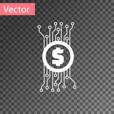 Beyaz cryptocurrency kavramı Bitcoin mikroçip devre simgesi ile daire şeffaf arka planda izole. Blockchain teknolojisi, dijital para piyasası. Vektör Illustration