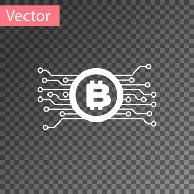 Beyaz cryptocurrency kavramı Bitcoin mikroçip devre simgesi ile daire şeffaf arka planda izole. Blockchain teknolojisi, dijital para piyasası. Vektör Illustration