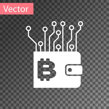 Beyaz cryptocurrency cüzdan simgesi şeffaf arka planda izole. Cüzdan ve Bitcoin işareti. Madencilik konsepti. Para, ödeme, nakit, ödeme simgesi. Vektör Illustration