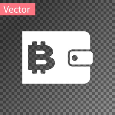 Beyaz cryptocurrency cüzdan simgesi şeffaf arka planda izole. Cüzdan ve Bitcoin işareti. Madencilik konsepti. Para, ödeme, nakit, ödeme simgesi. Vektör Illustration