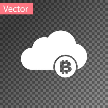 Beyaz cryptocurrency bulut madenciliği simgesi şeffaf arka planda izole. Blockchain teknolojisi, Bitcoin, dijital para piyasası, kripoin cüzdanı. Vektör Illustration