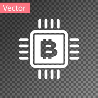 Beyaz CPU madenciliği çiftlik simgesi şeffaf arka planda yalıtılmış. Microchip içinde Bitcoin işareti. Cryptocurrency madencilik topluluğu. Dijital para. Vektör Illustration