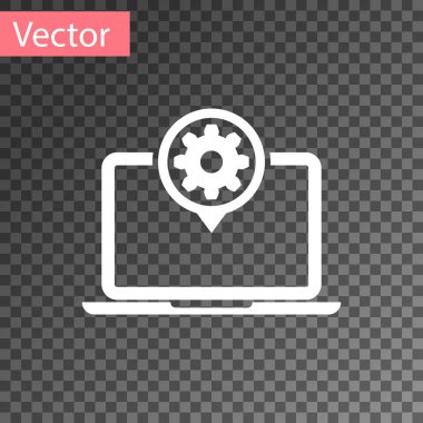 Beyaz laptop ve dişli simgesi şeffaf arka planda izole. Dizüstü hizmet konsepti. Uygulama ayarlama, seçenekleri ayarlama, bakım, onarım, sabitleme. Vektör Illustration