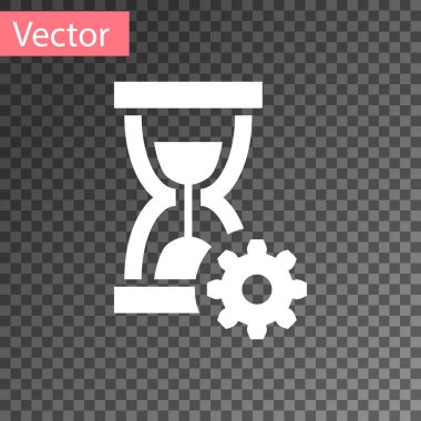Beyaz kum saati ve dişli simgesi şeffaf arka planda izole. Zaman yönetimi sembolü. Saat ve vites simgesi. Verimlilik sembolü. Vektör Illustration