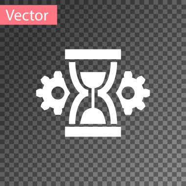 Beyaz kum saati ve dişli simgesi şeffaf arka planda izole. Zaman yönetimi sembolü. Saat ve vites simgesi. Verimlilik sembolü. Vektör Illustration