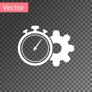 Beyaz zaman yönetimi simgesi şeffaf arka planda yalıtılmış. Saat ve vites işareti. Verimlilik sembolü. Vektör Illustration
