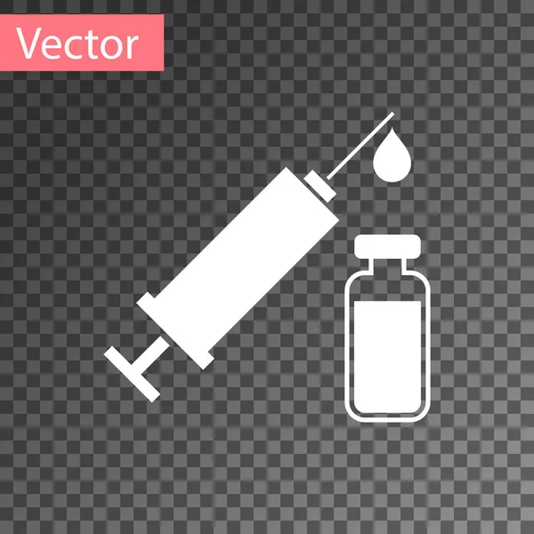 白色医用注射器与针和小瓶或安慰剂图标隔离在透明的背景。疫苗接种、注射、疫苗、胰岛素概念。矢量插图 — 图库矢量图片