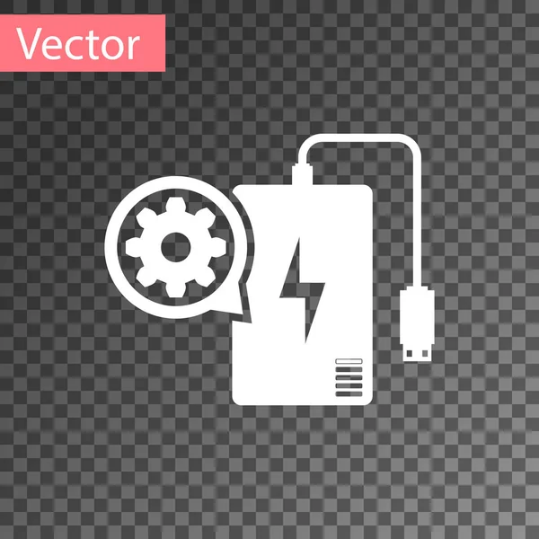 White Power bank with charge cable and gear icon isolated on transparent background. Adjusting app, service concept, setting options, maintenance, repair. Vector Illustration — Stock Vector