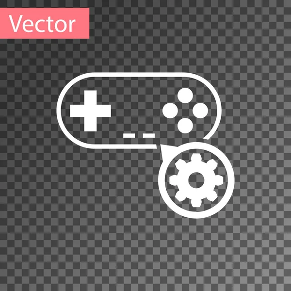 White Gamepad and gear icon isolated on transparent background. Adjusting app, service concept, setting options, maintenance, repair, fixing. Vector Illustration — Stockvector