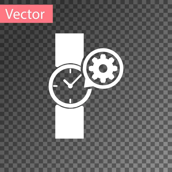 Bílé Náramkové hodinky a ikona převodovky izolované na průhledném pozadí. Úprava aplikace, koncept služby, nastavení možností, údržba, opravy, upevnění. Vektorová ilustrace — Stockový vektor