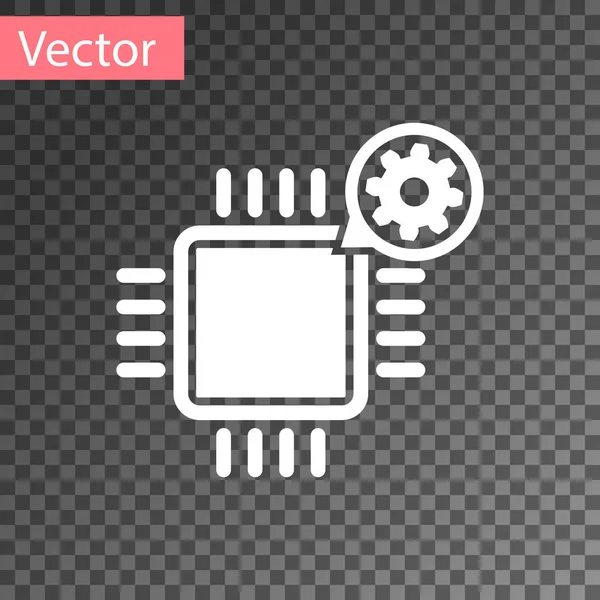 Processador branco e ícone de engrenagem isolado em fundo transparente. CPU, conceito de serviço de chip. Ajustar aplicativo, opções de configuração, manutenção, reparação, fixação. Ilustração vetorial — Vetor de Stock