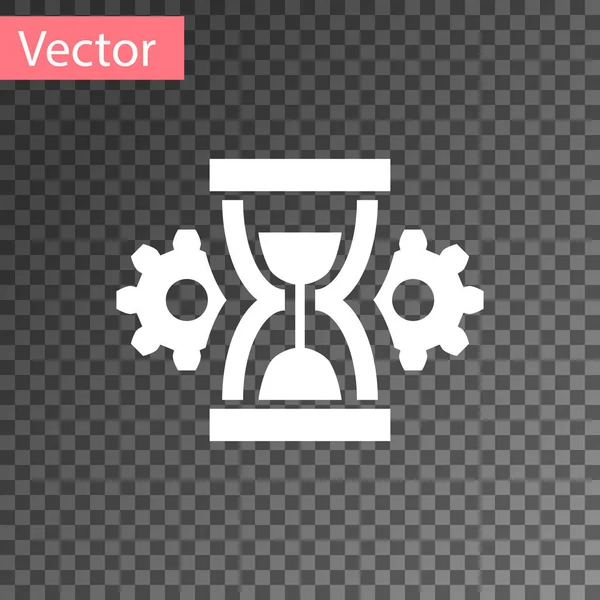 Weiße Sanduhr und Getriebesymbol isoliert auf transparentem Hintergrund. Zeitmanagement-Symbol. Uhr und Getriebesymbol. Produktivitätssymbol. Vektorillustration — Stockvektor