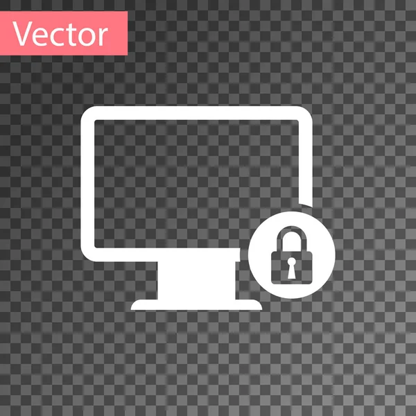 Bílý zámek na obrazovce monitoru počítače izolovaný na průhledném pozadí. Monitor a visovací zámek. Bezpečnost, bezpečnost, koncepce ochrany. Bezpečné propojení sítí. Vektorová ilustrace — Stockový vektor