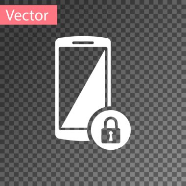 Şeffaf arka planda izole kapalı asma kilit simgesi ile beyaz smartphone. Kilidi olan telefon. Mobil güvenlik, güvenlik, koruma konsepti. Vektör Illustration