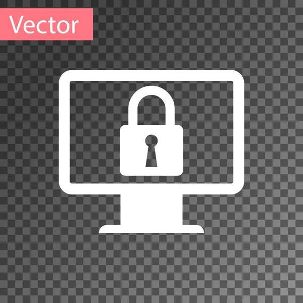 Bloqueo blanco en el icono de la pantalla del monitor del ordenador aislado en fondo transparente. Monitor y candado. Seguridad, seguridad, concepto de protección. Interred segura. Ilustración vectorial — Vector de stock