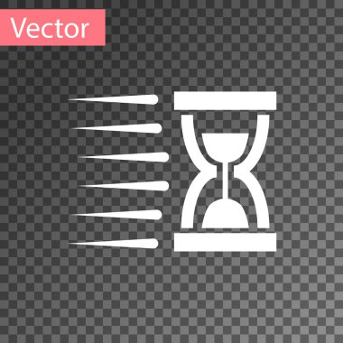 Saydam arka plan üzerinde izole akan kum simgesi olan beyaz eski kum saati. Kum saati işareti. İş ve zaman yönetimi kavramı. Vektör çizim