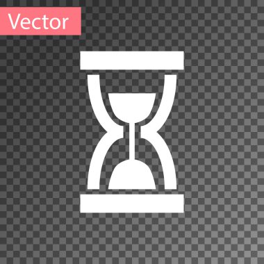 Saydam arka plan üzerinde izole akan kum simgesi olan beyaz eski kum saati. Kum saati işareti. İş ve zaman yönetimi kavramı. Vektör çizim