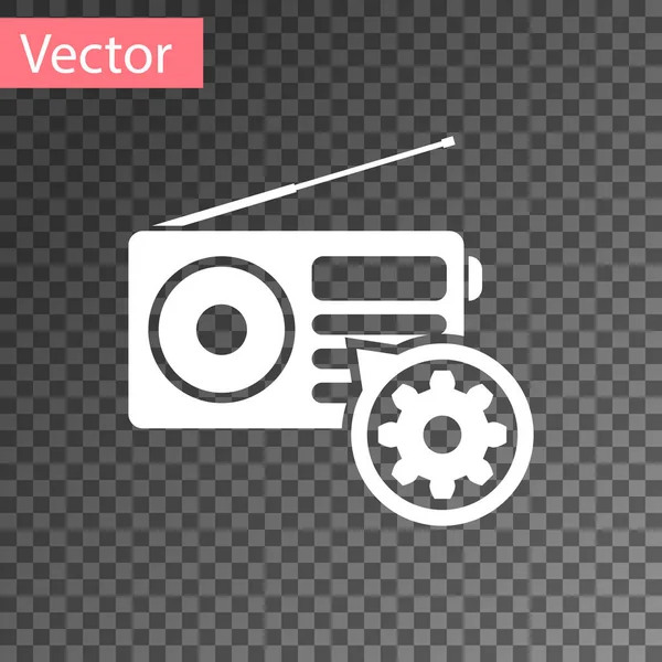 Weißes Radio mit Antenne und Getriebesymbol isoliert auf transparentem Hintergrund. Anpassung App, Servicekonzept, Einstellungsmöglichkeiten, Wartung, Reparatur, Reparatur. Vektorillustration — Stockvektor