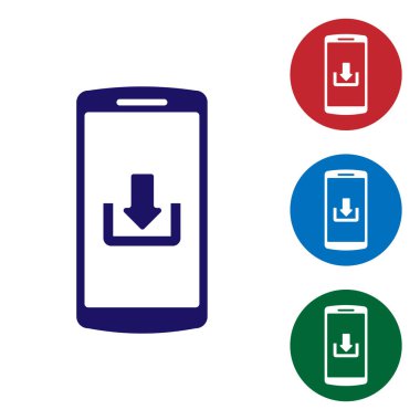 Beyaz arka planda izole indirme simgesi ile mavi smartphone. Daire düğmelerinde renk simgesini ayarlayın. Vektör Illustration