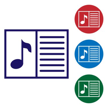 Beyaz arka planda izole notu simgesi ile mavi müzik kitabı. Not Stave ile müzik sayfası. Müzik notları için Not defteri. Daire düğmelerinde renk simgesini ayarlayın. Vektör Illustration