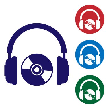 Mavi kulaklıklar ve CD veya DVD simgesi beyaz arka planda yalıtılmış. Kulaklık işareti. Kompakt disk sembolü. Daire düğmelerinde renk simgesini ayarlayın. Vektör Illustration