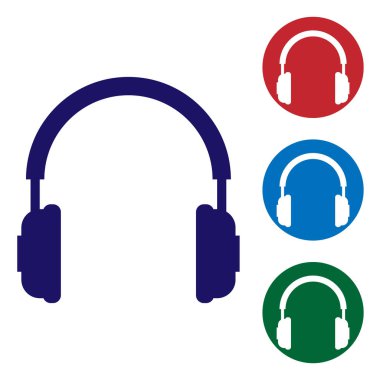 Mavi kulaklıklar simgesi beyaz arka planda yalıtılmış. Kulaklık işareti. Müzik, hizmet, iletişim ve operatör dinlemek için konsept nesne. Daire düğmelerinde renk simgesini ayarlayın. Vektör Illustration