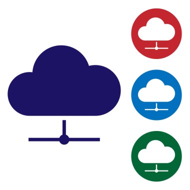 Mavi ağ bulut bağlantısı simgesi beyaz arka planda yalıtılmış. Sosyal teknoloji. Bulut bilişim konsepti. Daire düğmelerinde renk simgesini ayarlayın. Vektör Illustration