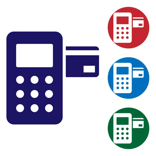 Blue pos Terminal mit eingestecktem Kreditkartensymbol isoliert auf weißem Hintergrund. Zahlungsterminal Transaktion. setzen Farbsymbol in Kreis-Tasten. Vektorillustration — Stockvektor