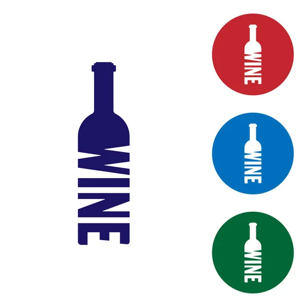 白の背景に分離されたワインのアイコンの青いボトル。ボトルワインのレタリング。円ボタンで色のアイコンを設定します。ベクターイラスト — ストックベクタ
