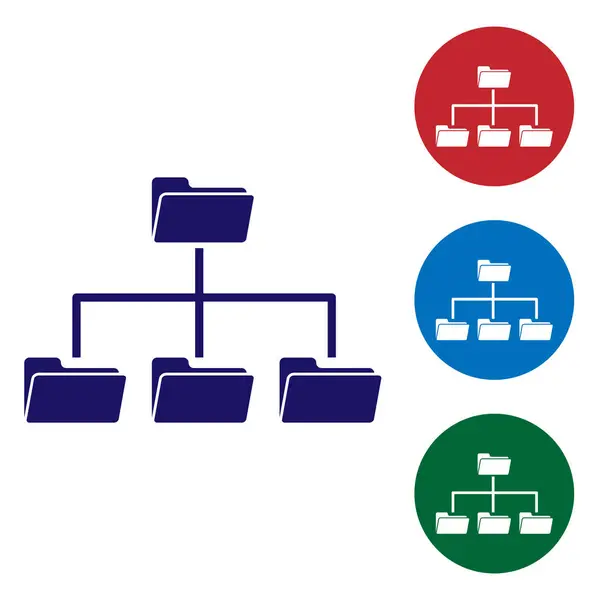 Ikona drzewa niebieskiego folderu na białym tle. Schemat organizacyjny struktury folderów plików w sieci komputerowej. Ustaw kolor ikony w przyciski okręgu. Ilustracja wektorowa — Wektor stockowy
