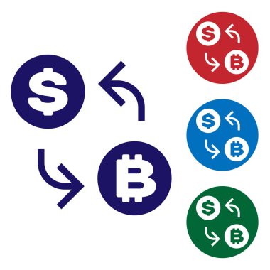 Mavi cryptocurrency değişimi simgesi beyaz arka planda izole. Bitcoin dolar değişim simgesi. Kripto para teknolojisi, mobil bankacılık. Daire düğmelerinde renk simgesini ayarlayın. Vektör Illustration